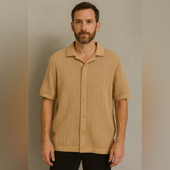Ben Sherman Oatmeal Textured Knit Button-Up Shirt Size Large - Picture 1 of 4